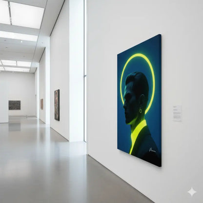 Une peinture à l’huile sur toile frappante présentant une silhouette sombre d’un homme de profil sur un fond bleu profond, illuminée par un halo jaune néon lumineux.
