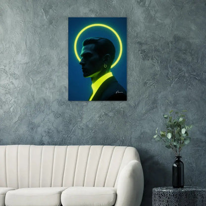 Art sur toile portrait avec halo néon-jaune mettant en scène une silhouette masculine stylisée sur un fond bleu profond.