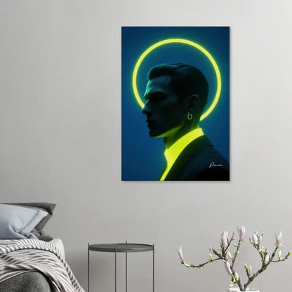 Art sur toile portrait avec halo jaune néon d’un homme en silhouette sur un fond bleu profond.