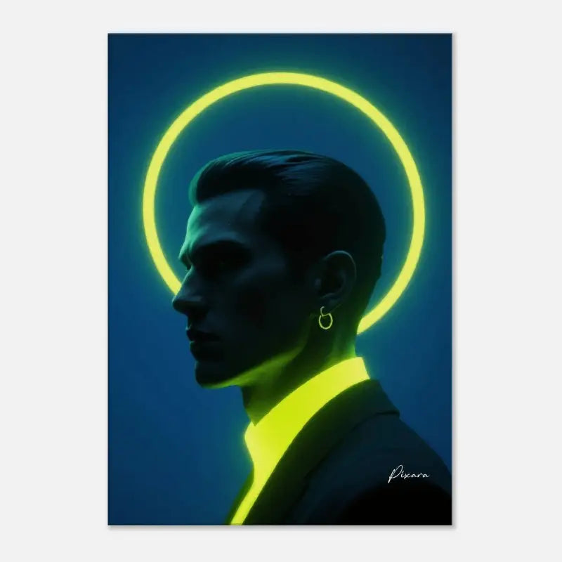 Portrait en halo jaune néon d’un homme de profil sur un fond bleu profond.