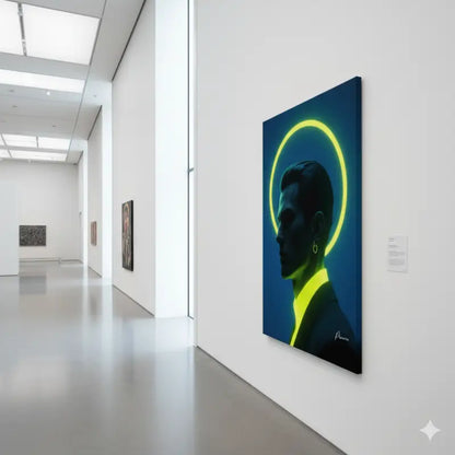 Une peinture à l’huile sur toile frappante présentant une silhouette sombre d’un homme de profil sur un fond bleu profond, illuminée par un halo jaune néon lumineux.