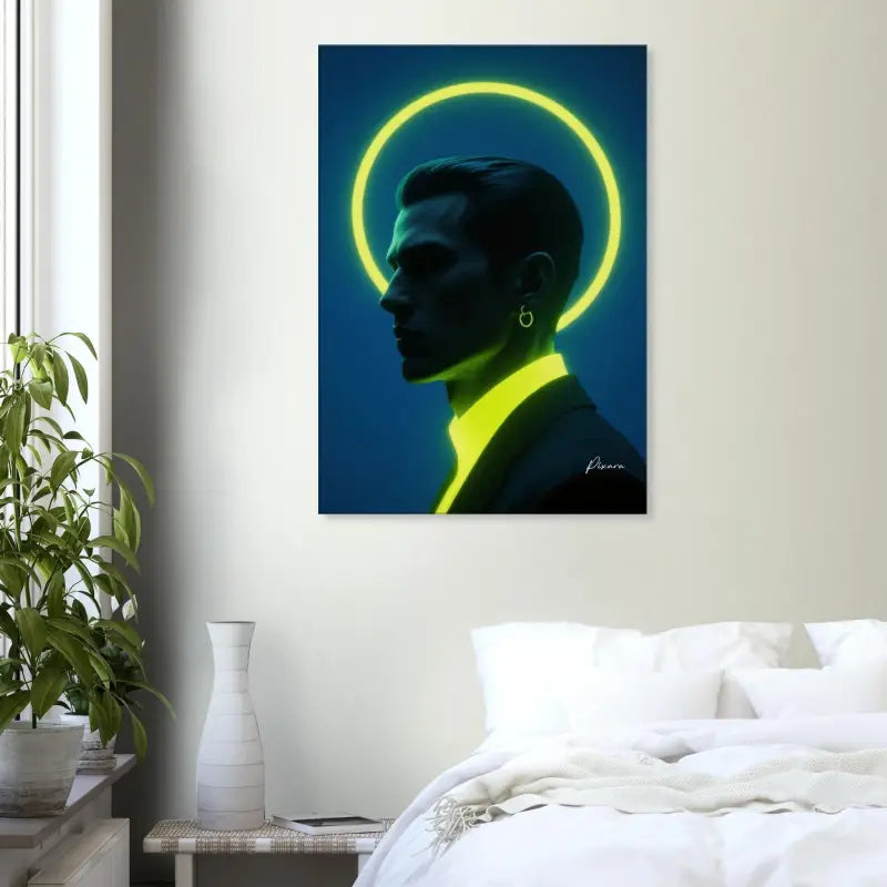 Toile portrait avec halo néon-jaune mettant en scène un homme en silhouette sur un fond bleu profond, avec des accents jaunes lumineux sur son col et son bouclier.