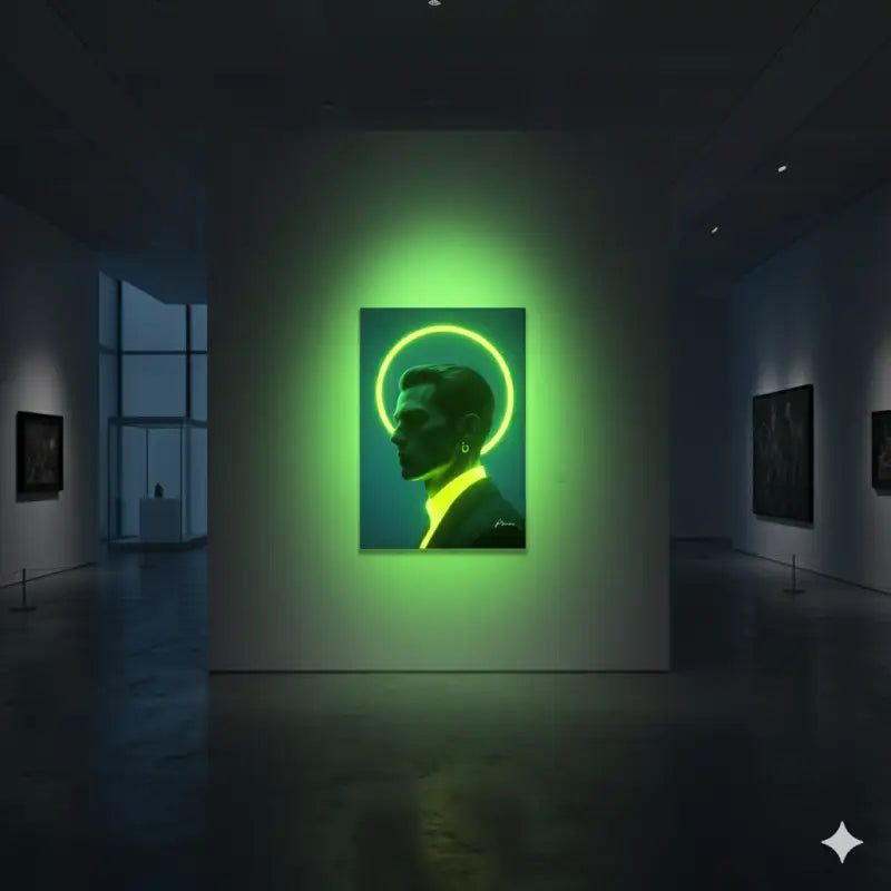 Un portrait luminescent en néon vert d’un homme de profil, encadré par un halo circulaire sur un fond bleu-vert foncé.