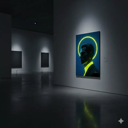 Un halo jaune néon frappant encercle une silhouette sombre d’un homme de profil sur une toile bleu profond, illuminée par l’éclairage de la galerie.