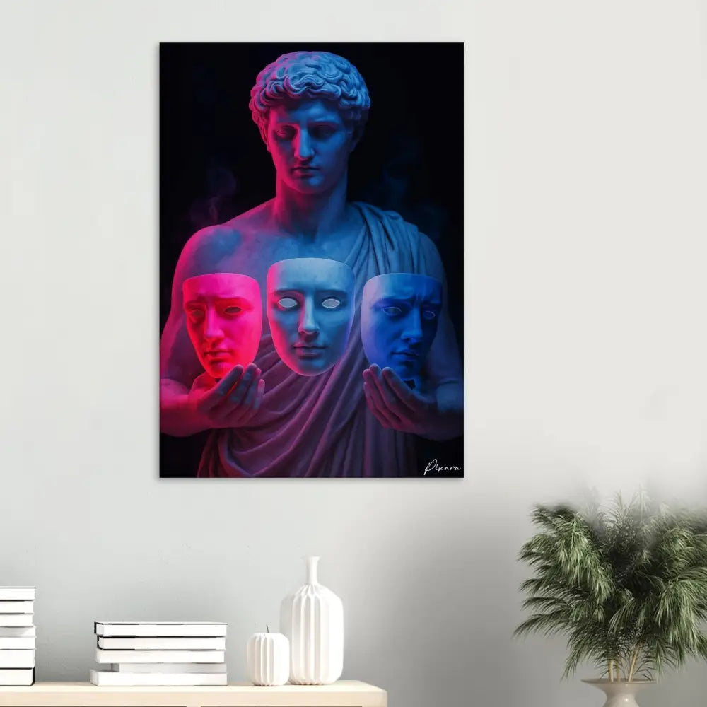 Une impression sur toile frappante mettant en scène une statue classique avec trois visages distincts illuminés par un éclairage néon rose et bleu vibrant.