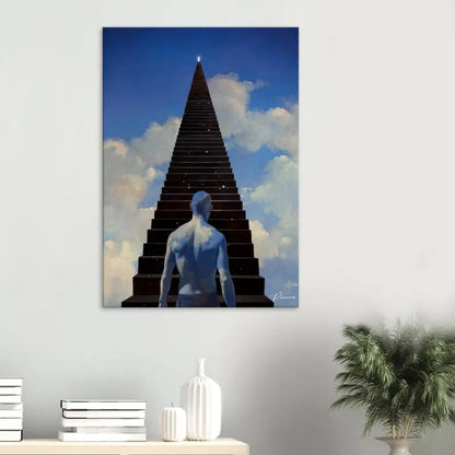 Une peinture sur toile surréaliste représentant une figure à la peau bleue debout à la base d’un escalier infini et sombre qui s’élève vers un ciel étoilé.