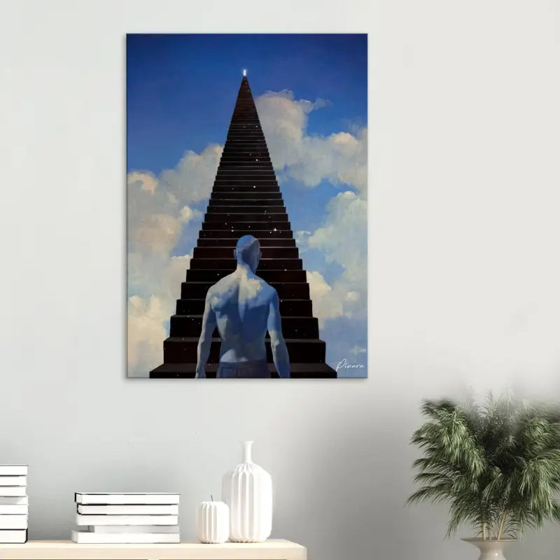 Une peinture sur toile surréaliste représentant une figure à la peau bleue debout à la base d’un escalier infini et sombre qui s’élève vers un ciel étoilé.