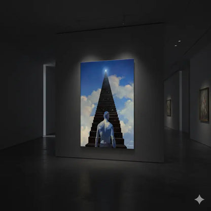 Une peinture à l’huile frappante représentant une figure blanche debout à la base d’un escalier ascendant qui mène à une étoile brillante sur un ciel bleu avec des nuages.
