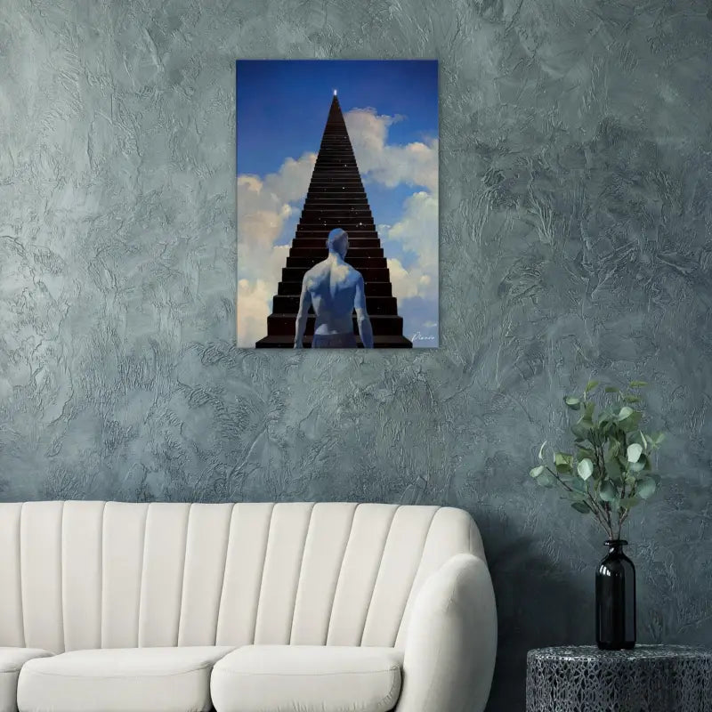 Une peinture sur toile rectangulaire représentant une figure bleu pâle debout à la base d’une pyramide sombre à degrés sous un ciel bleu vif avec des nuages blancs.