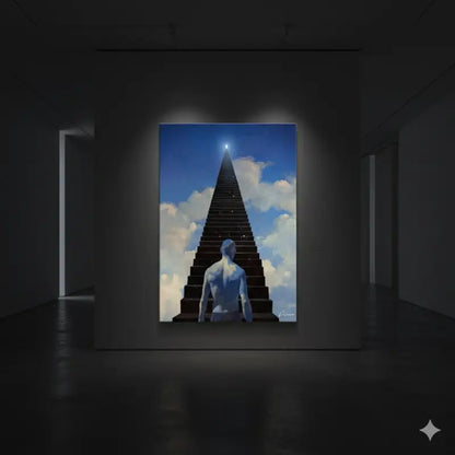Un tableau encadré représentant une figure pâle et musclée debout à la base d’un escalier ascendant qui mène à une lumière vive contre un ciel bleu avec des nuages.