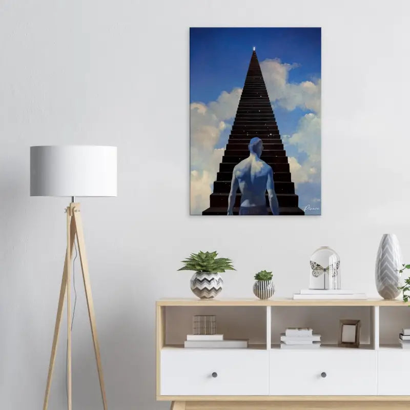 Une peinture sur toile encadrée représentant une figure humaine aux tons bleus se tenant à la base d’une pyramide sombre parsemée d’étoiles, sur fond de ciel nuageux.