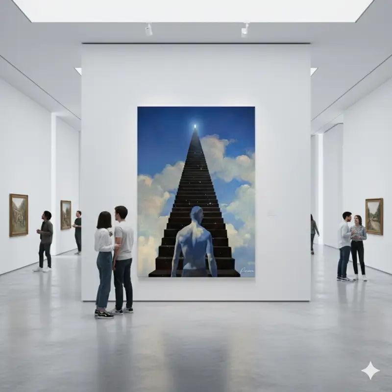 Une grande peinture orientée verticalement représentant une figure à la peau bleue debout à la base d’un escalier ascendant qui mène vers un ciel clair avec des nuages.