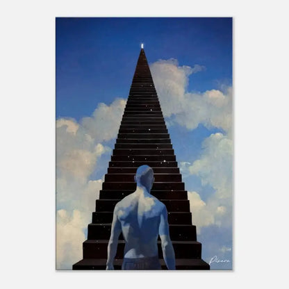 Une peinture surréaliste représente une figure pâle et musclée debout au pied d’un immense escalier sombre qui s’élève vers un ciel bleu clair parsemé de nuages.