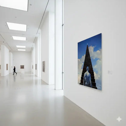 Une peinture à l’huile frappante représentant une figure à la peau bleue montant un escalier sombre en forme de pyramide sur fond d’un ciel vibrant avec des nuages.