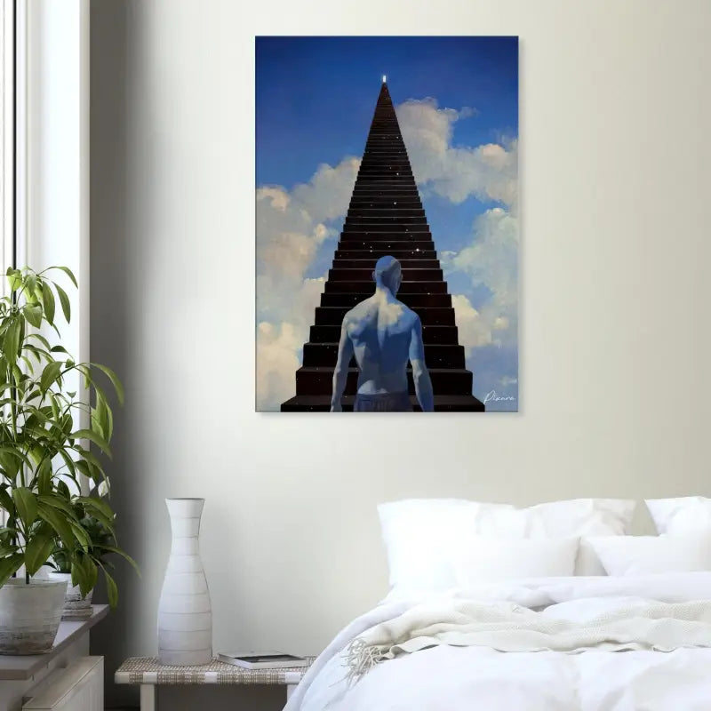 Une peinture sur toile encadrée représentant une figure à la peau bleue debout au pied d’un escalier sombre étoilé menant à un ciel lumineux.