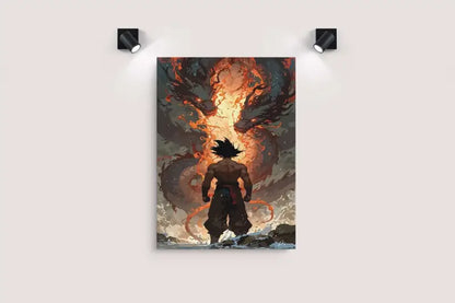 Une affiche d’anime vibrante mettant en scène une figure musclée aux cheveux noirs hérissés se tenant devant une créature semblable à un dragon enflammée, enveloppée de flammes orange et rouges.