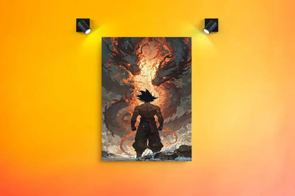 Une affiche d’anime encadrée mettant en scène une figure musclée aux cheveux noirs hérissés se tenant devant une créature semblable à un dragon enflammée aux tons orange et gris foncé.