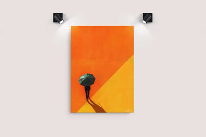 Une peinture minimaliste sur toile représentant une figure solitaire tenant un parapluie vert foncé sur un fond dégradé vibrant d’orange et de jaune.