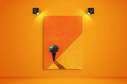 Peinture abstraite sur toile orange mettant en scène une silhouette d’une personne tenant un parapluie sur un fond bicolore.