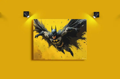 Impression sur toile Batman noir et gris mettant en scène une pose d’action dynamique avec un fond jaune audacieux.