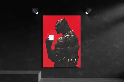 Œuvre d’art en silhouette de panthère noire sur une toile rouge vibrante, présentant un contraste audacieux entre le noir et le blanc avec des détails stylisés.