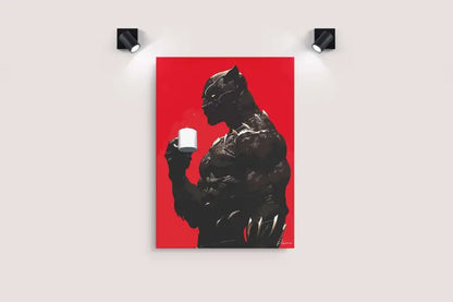 Œuvre d’art en silhouette de panthère noire sur une toile rouge vibrante, présentant un contraste audacieux noir et blanc avec une texture subtile.