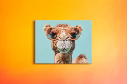 Un chameau portant des lunettes élégantes de couleur pêche, imprimé sur une toile carrée avec un fond bleu clair.