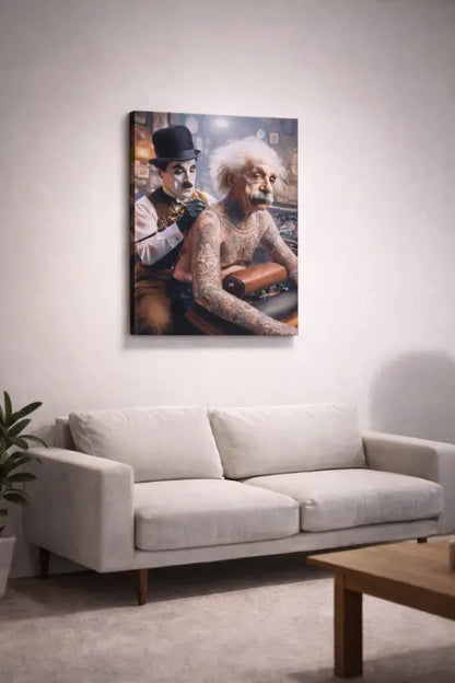 Une impression sur toile encadrée dépeignant Charlie Chaplin et Albert Einstein dans une scène de salon de coiffure, présentant des expressions faciales détaillées et des tatouages sur les bras de la figure.
