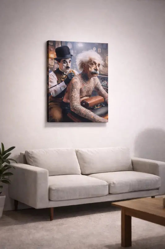 Une impression sur toile encadrée dépeignant Charlie Chaplin et Albert Einstein dans une scène de salon de coiffure, présentant des expressions faciales détaillées et des tatouages sur les bras de la figure.