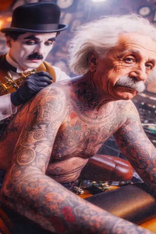 Un homme aux cheveux blancs et à la moustache, couvert de tatouages noirs intricés sur les bras et le torse.