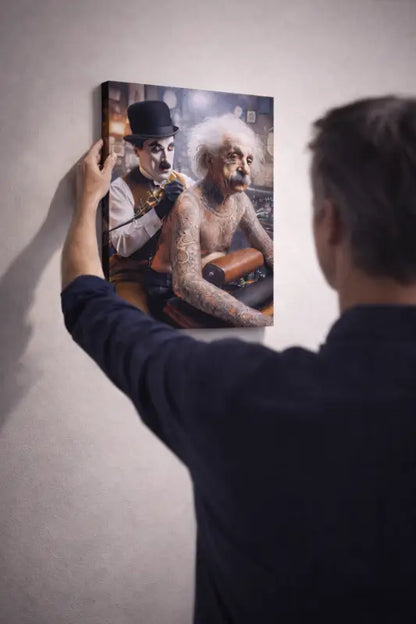 Une impression sur toile présentant un portrait humoristique de Charlie Chaplin en tant qu’artiste tatoueur donnant une session à Albert Einstein, avec des tatouages détaillés et un style vintage.