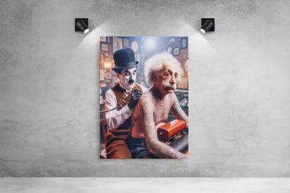 Une impression sur toile encadrée dépeignant Charlie Chaplin en tant qu’artiste tatoueur donnant une séance à Albert Einstein, les deux figures rendues dans un style de peinture à l’huile détaillé.