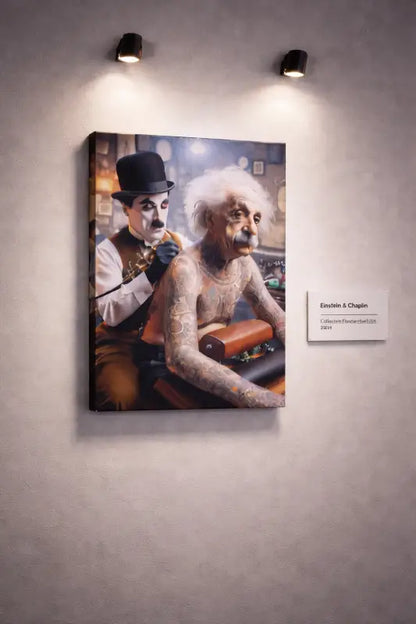 Une impression sur toile encadrée dépeignant Charlie Chaplin en tant qu’artiste tatoueur donnant une session à Einstein, avec des tatouages détaillés sur les deux figures et un éclairage aux tons chauds.