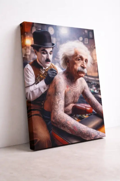 Une impression sur toile vibrante mettant en scène Charlie Chaplin et Albert Einstein dans une scène stylisée et tatouée.