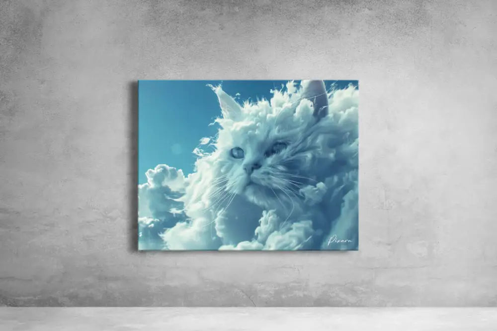 Une impression sur toile encadrée mettant en vedette un chat blanc aux yeux bleus saisissants émergeant de formations duveteuses semblables à des nuages sur un ciel bleu vif.