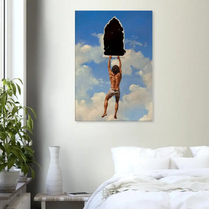 Une impression sur toile encadrée représentant un homme musclé en short gris soulevant un objet noir arqué contre un ciel bleu avec des nuages blancs.