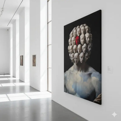 Une peinture à l’huile frappante représentant une figure musclée avec de nombreux visages pâles semblables à des pierres disposés en motif circulaire autour de sa tête, un visage mis en évidence en rouge vif sur un fond sombre.