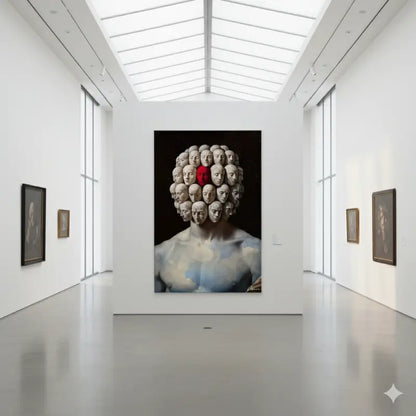 Une peinture frappante à cadre noir représentant une figure musclée avec de multiples visages pâles disposés en un amas sphérique au sommet de sa tête, un visage distinctement rouge au centre.