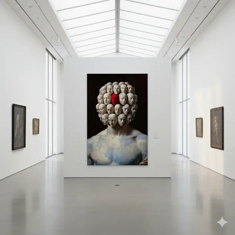 Une peinture frappante à cadre noir représentant une figure musclée avec de multiples visages pâles disposés en un amas sphérique au sommet de sa tête, un visage distinctement rouge au centre.