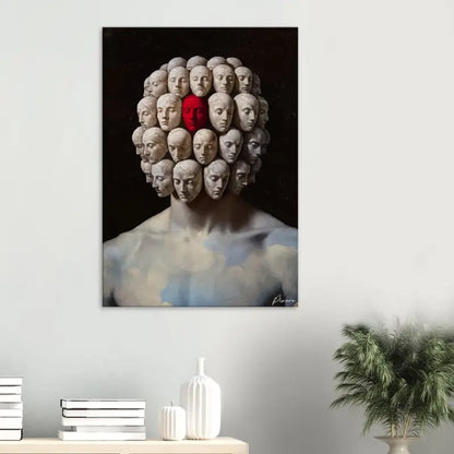 Une impression sur toile frappante présentant une sculpture surréaliste d’un torse humain couronné de nombreux visages semblables à des pierres, l’un d’eux proéminemment rouge au centre.