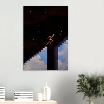 Une impression sur toile surréaliste dépeignant une figure nue sautant entre des escaliers qui passent d’un ciel nocturne étoilé à des nuages moelleux, signée par l’artiste.