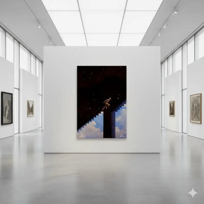 Une peinture sur toile surréaliste représentant une figure montant des escaliers pixélisés qui s’élèvent des nuages vers un ciel nocturne étoilé.