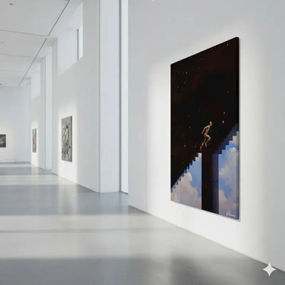 Une peinture sur toile surréaliste dépeignant une figure nue montant des escaliers pixélisés qui passent d’un ciel nocturne étoilé à des nuages bleus.