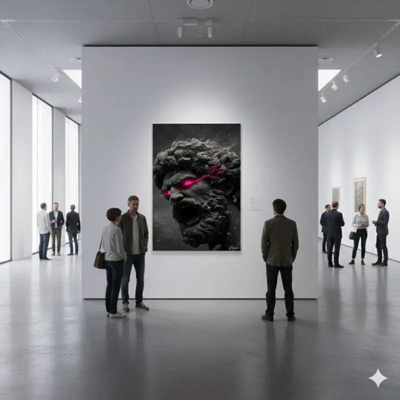 Une impression sur toile noir et blanc frappante mettant en scène une figure musclée et barbouillée avec des yeux roses luisants et des stries dynamiques semblables à des éclairs sur son visage.