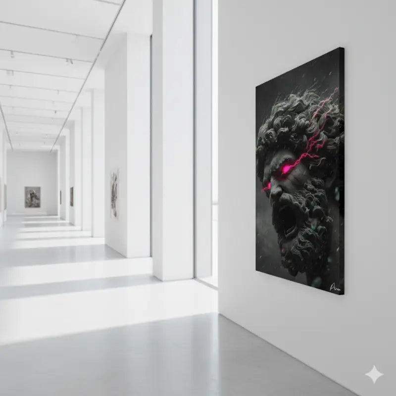 Une impression sur toile noire frappante mettant en scène une sculpture texturée dramatique d’un visage barbu avec des éclairs roses lumineux traversant ses orbites oculaires.