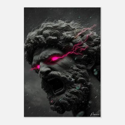 Une œuvre numérique sombre et orageuse dépeignant une tête de statue en pierre classique avec des yeux roses luisants et des éclairs crépitant sur son visage.