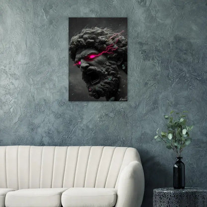 Une impression sur toile frappante en noir et gris mettant en scène une figure musclée et barbu aux yeux d’éclair rose luminescent.