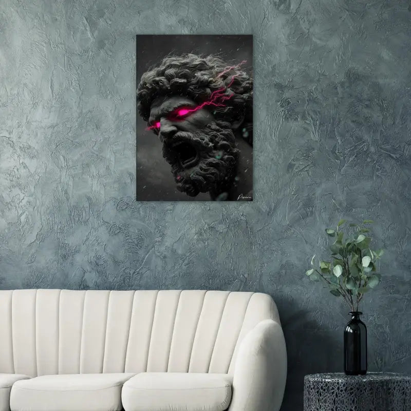 Une impression sur toile frappante en noir et gris mettant en scène une figure musclée et barbu aux yeux d’éclair rose luminescent.