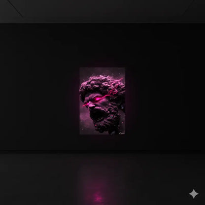 Une œuvre d’art numérique frappante présentant une tête de statue classique avec des yeux roses lumineux et une énergie électrique traversant ses cheveux sombres et bouclés.