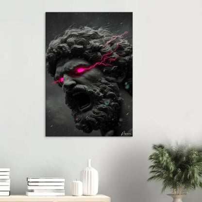 Une impression sur toile noire frappante présentant une représentation dramatique et orageuse d’une statue classique aux yeux roses lumineux et à la foudre crépitant sur son visage.